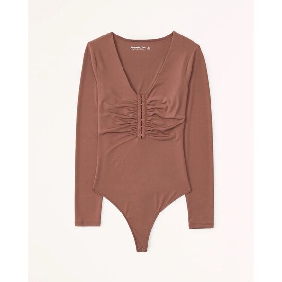 Abercrombie & Fitch Brown Long-Sleeve Slinky Hook-and-Eye Bodysuit Size S - Picture 1 of 10
